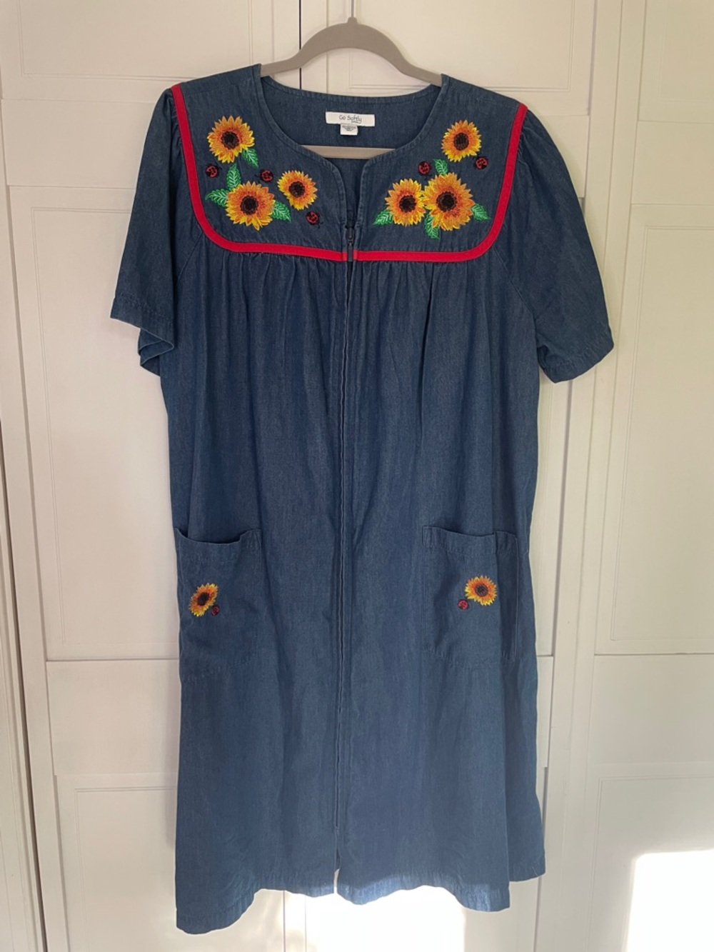 Sunflower and Ladybug Embroidered Denim Midi House Dress - SzL